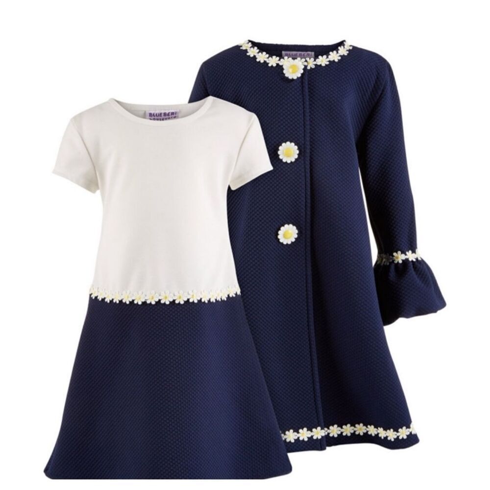 Blueberi Boulevard girls 2pc set white and blue matching dress/coat sz 3T